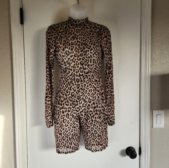 Prettylittlething Tan Leopard Print Sheer Mesh Unitard Jumpsuit - Picture 10 of 10